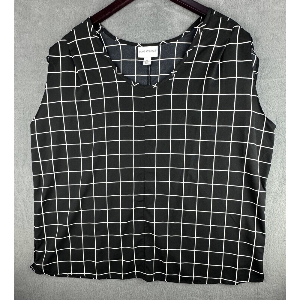 Pure Energy V-Neck Sleeveless Black Blouse Plaid Print Plus Size 2X